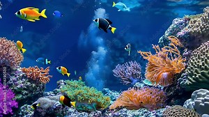 Vibrant tropical fish swim among colorful coral and anemones in a clear blue ocean.