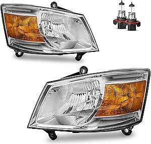 Headlights Assembly for 2008-2010 Dodge Grand Caravan Headlamp Replacement Chrome Housing Amber Reflector Driver & Passenger Side