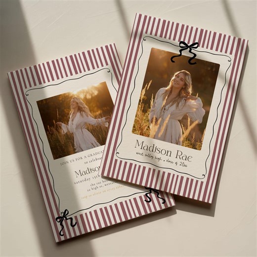 Maroon Striped Graduation Invitation Template, Photo Senior Grad Invite With Bows, Class of 2026 Graduation Photo Invitation Template - Etsy