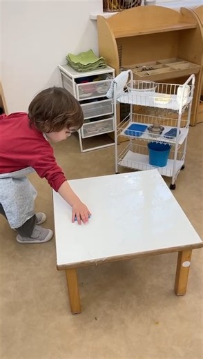 A simple Practical Life exercise-washing the table supports the toddler’s natural desire to imitate adults and builds confidence through real-life work. It also helps to develop independence, concentration, and care for the environment. | Warsaw Montessori Family