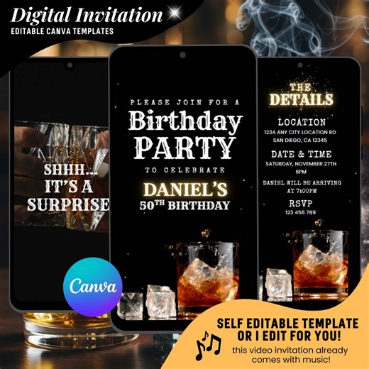 Surprise Party Video Invitation, Gold Editable Birthday Digital Evites : Instant Download - Etsy