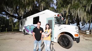 Welcome to Rachel and Joel's beautiful retro themed school bus conversion! They bought an already built van and made some big adjustments to make their tiny home suit their needs. Check it out below and then click through to see the full tour. | Tiny Home Tours