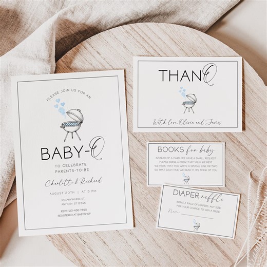 Blue Baby Q Invitation Bundle, Editable BBQ Boy Baby Shower Template, Minimalist Digital Invite for Backyard Couples Sprinkle BS289 - Etsy