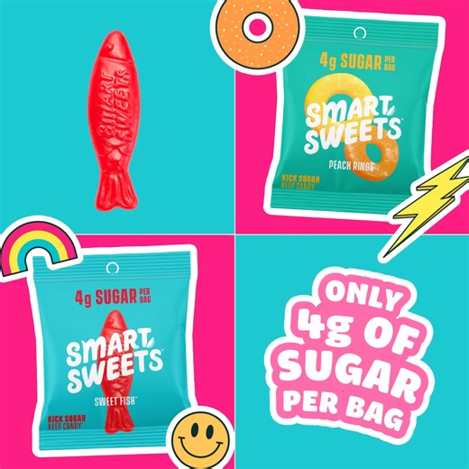 🍭 Love candy but not all the sugar? We've got you covered! ✅ Only 4g of sugar per bag ✅ No synthetic dyes ✅ Juicy, natural flavours | SmartSweets