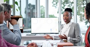 Computer, presentation and black woman in office meeting for team, growth and kpi review. Screen, research and people in conference with leader for vision, goal and strategy for startup or analytics