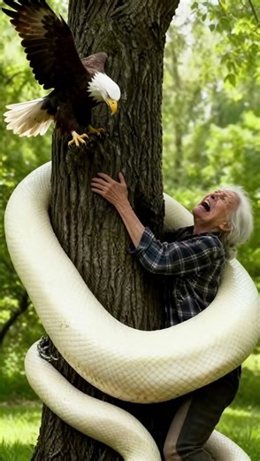 A Woman Crying Coiled by Python; Bald Eagle with Spread Wings Watches