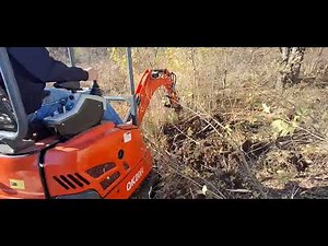 Pulling trees with the ripper tooth. Mini excavator.
