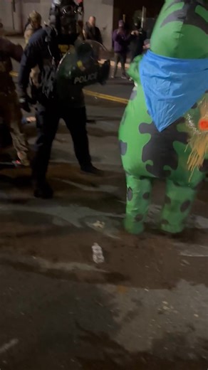 An ICE agent was seen pepper-spraying the rear end of a Portland protester wearing a frog costume, apparently aiming for the air intake valve. "This could have been really dangerous," the person who filmed the video wrote on X. | New York Post