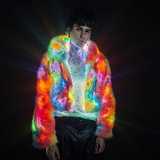 LED Light up Faux Fur Hooded Jacket, Glow in the Dark Rave Hoodie, Neon Party Outfit, Cropped Festival Coat, Club Kid Y2K Wear - Etsy