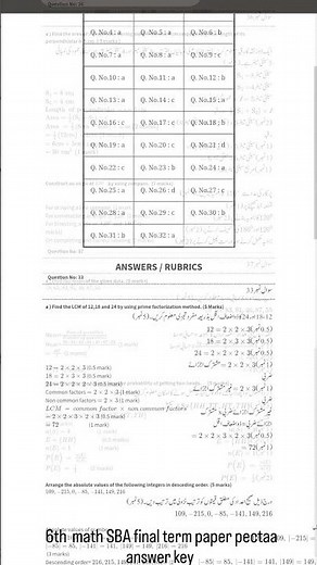 class 6th math SBA final term paper pectaa answer key 2026