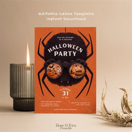 Halloween Party Invitation, Spooky Spider Invite, Editable Canva Template, Halloween Birthday Party Invite, Instant Download, Spotted - Etsy