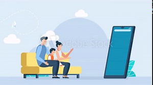 A family at home buys groceries through a mobile. Robot arm with supermarket basket. Making payments online, chatbot assistant, online support. Buyer product using web bot app. 2d flat animation