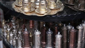 Antique silver pitcher and coffee cup set with dates in a tray
