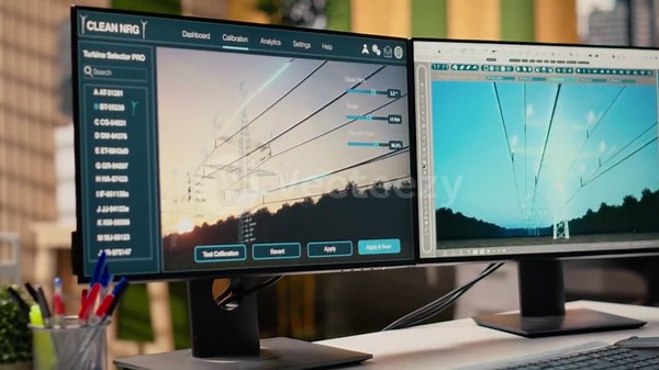 Digital modeling tool on computer used for smart electric grid development in engineering workplace. Computer aided design software on PC designed to work on upgrading high voltage transmission tower