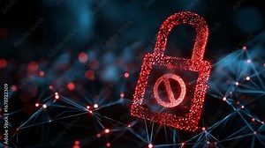 A red and blue of a lock with a no entry sign. The lock is surrounded by a web of lines. Blockchain network with glowing digital lock and red ban icon overlay,crypto ban, futuristic sci-tech dark