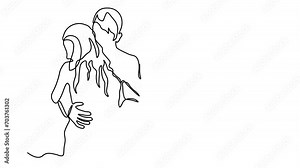 Self drawing animation with one continuous line draw, a man and a woman hug each other and the inscription I love you