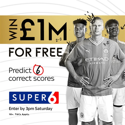 𝗪𝗜𝗡 𝐎𝐍𝐄 𝗠𝗜𝗟𝗟𝗜𝗢𝗡 𝗣𝗢𝗨𝗡𝗗𝗦 𝗙𝗢𝗥 𝗙𝗥𝗘𝗘! 💸 @Super6 is giving you the chance to win £1,000,000 for FREE this weekend! Predict six scorelines for a chance to bring home £1,000,000! Play for free 🆓 Make sure to enter by 3pm tomorrow! | Sky Sports