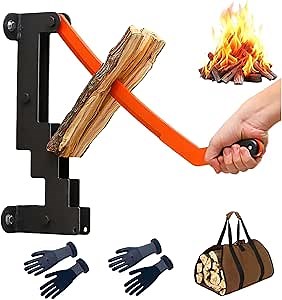 ABX Wall Mounted Kindling Splitter for Wood Portable Metal Firewood Kindling Splitter Steel Fire Wood Cutter Heavy Duty Log Splitter with Firewood Storage Bag Gloves for Indoor Outdoor Campsite Home