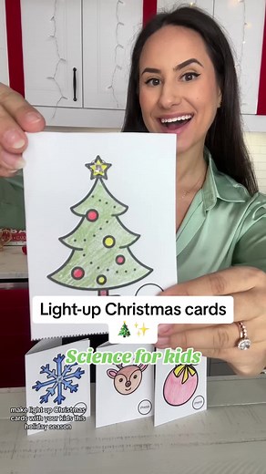 LIGHT UP Holiday Cards💡✨! Full science activity details below 👇🏼! 🔔Comment “LIGHTS” down below for a link to the templates and all of the materials used in this activity! ✅SAVE to try it yourself! & Order my STEAM activity book now (link in bio) 🧬 Materials needed: 💡Free card templates (comments “lights” down below) 💡Copper tape (link in stories/bio) 💡3mm LED lights 💡Watch battery 💡Pencil crayons Use the copper tape to trace the circuit path on your card. Take the LED and tape the shor