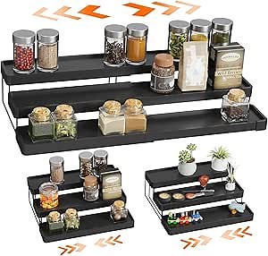Expandable Spice Rack Organizer - 3 Tier Adjustable Spice Organizer for Cabinet & Countertop - Easy Visibility - Black