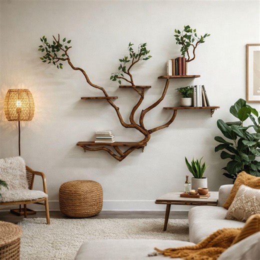 Handcrafted Tree Branch Wall Bookshelf | Natural Wood Floating Shelves | Rustic Boho Wall Decor | Organic Home Storage - Etsy