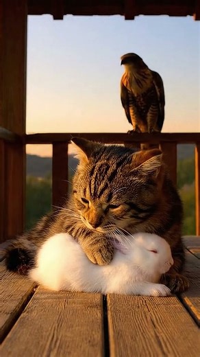 A tabby cat protects a white rabbit from the eagle watching above