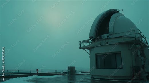 Observatory dome with an open slit exposing its internal telescope on a rooftop with snow and ice, creating a science and research scene in a moody, atmospheric, and cold winter environment