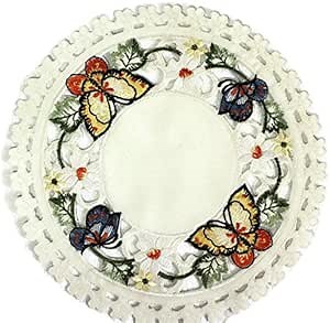 Round Doily with Multi-Color Butterfly on Ivory Material, Size 7 inches