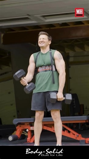 Men's Health recently sat down with actor Jeremy Renner to talk about the role fitness played in his recovery from a life-threatening snowplow accident. You may notice a familiar product used in his rehab: Body-Solid's iconic Biceps Bomber! We also spotted some Body-Solid weight plates in his gym as well. Read the full article at menshealth.com. | Body-Solid