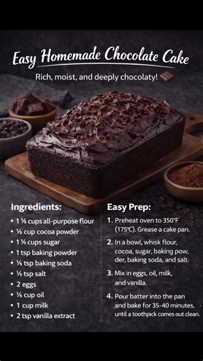 Easy Homemade Chocolate Cake 🍫🍰 Rich, moist, and deeply chocolaty! Ingredients: • 1¾ cups all-purpose flour • ¾ cup cocoa powder • 1¾ cups sugar • 1 tsp baking powder • ¼ tsp baking soda • ¼ tsp salt • 2 eggs • ⅓ cup oil • 1 cup milk • 2 tsp vanilla extract Easy Prep: | Linas Recipes