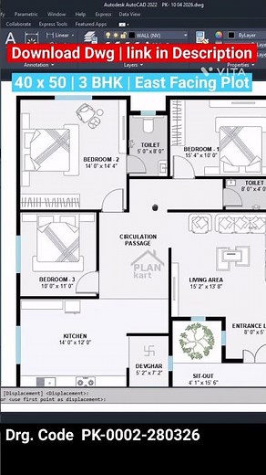 40x50 House Plan | 3BHK East Facing Plot | Download DWG + PDF