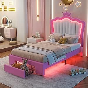 Crown Twin Size Princess Bed with Storage Drawers for Girls,Cute Twin Size Bed Frame for Kids,Twin Upholstered Bed Frame with LED Lights,Girls Bed Twin Size,Pink