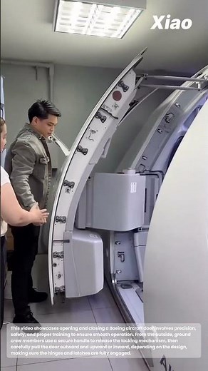 Open and close Boeing aircraft door from our side and inside: opening and close plane door training
