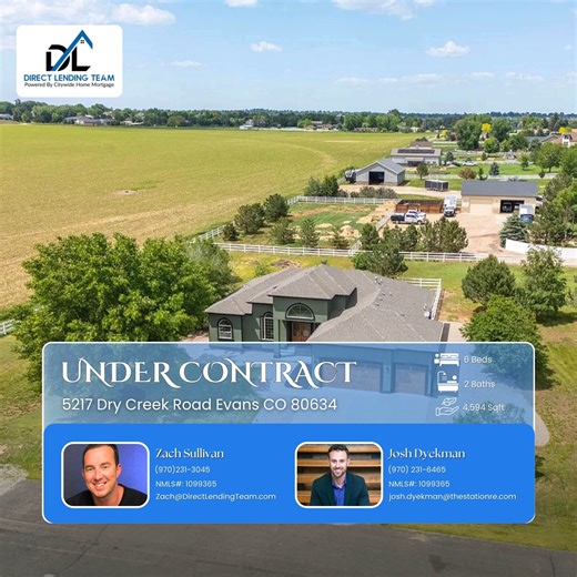 Under contract! 🎉 Big congratulations to our amazing clients at 5217 Dry Creek Road, Evans, CO! 🏡✨ We’re one step closer to getting the keys in your hands — so excited for what’s ahead! 🔑💙 #UnderContract #DirectLendingTeam #DreamHomeJourney #ColoradoHomes #HomeSweetHome #zachsullivanmortgage | Zach Sullivan Mortgage at Direct Lending Team