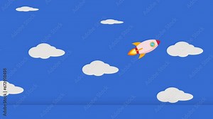 2d Animation 4K Looped animation, spaceship taking off. Seamless motion animated footage, Cartoon shuttle flying up through cloudy sky.