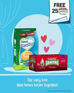 Benefit from the only love that brews better together in the current times. Enjoy FREE 25 TAPAL DANEDAR Tea bags with NESTLÉ EVERYDAY 900g. Available at DARAZ and your nearest stores. #StaySafeBrewLove | Nestlé EveryDay