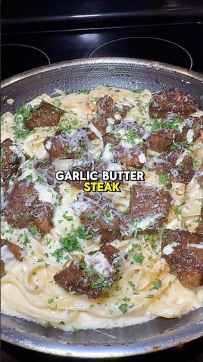 Garlic Butter Steak Bites w/ Alfredo Pasta 🥩🔥 recipe (description) ↗️ #steak #pasta #alfredo