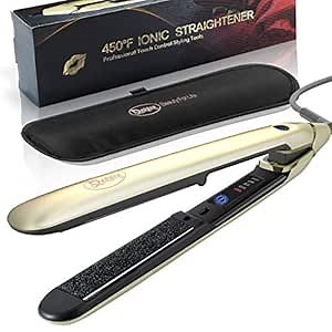 Ceramic Tourmaline Flat Iron Nano-Silver Hair Straightener Touch Screen 300°F to 450°F 1 inch 3D Floating Plate for All Hair Type. Dual Voltage Curling Iron, Heat-resistant Pouch