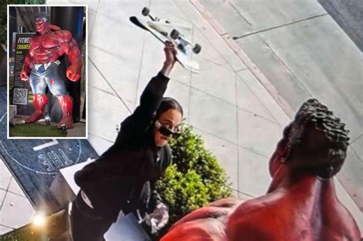 Unhinged skateboarder attacks life-sized Marvel Comics Red Hulk statue outside LA gym