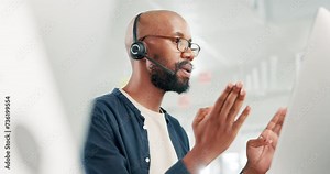 Man, computer and communication for customer care, helpdesk and operator in office. Black male person, call centre representative and tech support for assistance, networking and consultant for sales