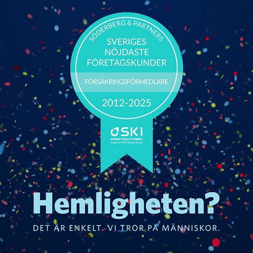 För 14:e året i rad har vi Sveriges nöjdaste företagskunder inom försäkringsförmedlarbranschen! 🎉 Det avslöjar Svenskt Kvalitetsindex årliga rapport. Vi vet att förväntningarna växer för varje år som går. Därför känns årets utmärkelse minst lika fantastisk, som den vi fick för första gången – 2012. Stort tack till dig som är kund för det fina betyget – vi kommer göra allt för att fortsätta överträffa dina förväntningar! 💙 Är du inte kund idag, men nyfiken på vad som ligger bakom den 14-åriga u