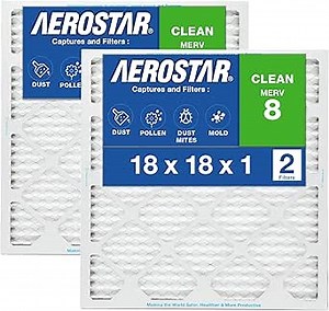 Aerostar 18x18x1 MERV 8 AC Furnace Air Filter, MPR 600 FPR 5, Pleated HVAC Filter, Dust Pollen Pet Dander Mold, Electrostatic, Made in USA, 2-Pack