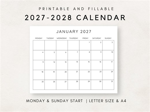2027- 2028 Calendar Printable, Monthly Calendar 2027- 2028, Fillable Calendar, 2027-2028 Planner, Minimalist Calendar, Simple Clean Calendar - Etsy