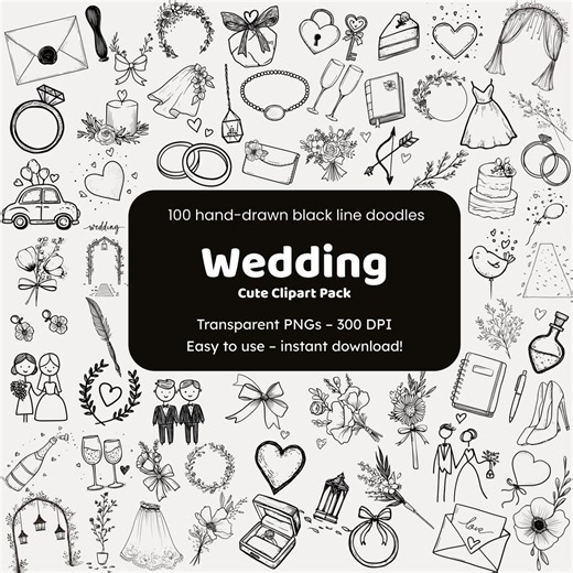 Wedding Doodle Clipart | 100 Hand-drawn PNG Icons | Black Line Art Stickers for Crafters - Etsy Australia