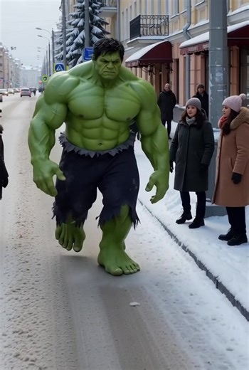 ‏Hulk walking in the snowy streets of Russia