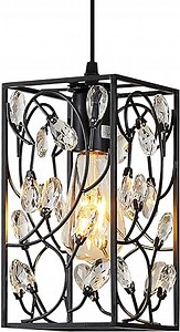 Modern Mini Crystal Pendant Light with Metal Cage 1-Light Rectangular Pendant Lighting Fixture for Kitchen Island Sink Countertop Dining Room Farmhouse, Matte Black Finish