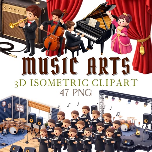 Music Arts Clipart Set – 47 PNG 3D Isometric Musician & Instrument Graphics for Classroom Use - Etsy