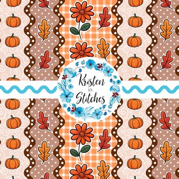 Fall Stripes Seamless Digital Paper Pattern Pumpkins Leaves Orange Flowers Plaid