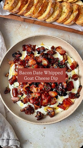 Kasey | Food Blog on Instagram: "Bacon Date Whipped Goat Cheese Dip 😍 If you love those bacon wrapped stuffed dates then you are going to love this dip! The perfect blend of creamy cheese, salty bacon and sticky sweet dates and honey. Serve with toasted baguette or crackers for dipping and it’s sure to be a favorite on the holiday table! Find the full recipe below and on my website, linked through my bio! 1 cup pitted medjool dates, chopped 6 strips bacon, chopped 3 tbsp olive oil, divided 4 tb