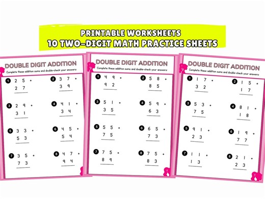 Printable Double Digit Addition Worksheets | 10 Two Digit Math Practice Sheets for Kids | Column Addition Activities for Grade 1 Grade 2 - Etsy